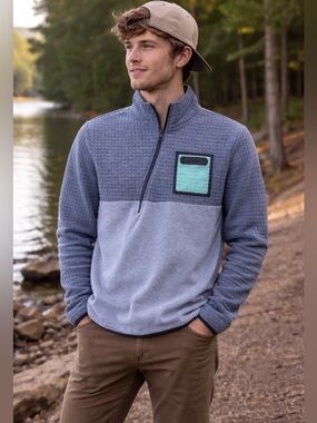 All Good Outdoors Grid Fleece Pullover Jacket Men’s Small Gray Blue Quarter Zip